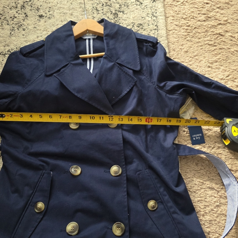 Preppy Coastal Trenchcoat Cotton Wmns S Crown&Ivy Ruffle Back Nwt Navy Academia - Picture 8 of 8
